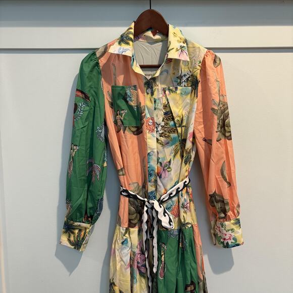 Tropical Print Maxi Dress Women Small Green Pink Long Sleeve Sash Toucan Mermaid - Picture 2 of 9